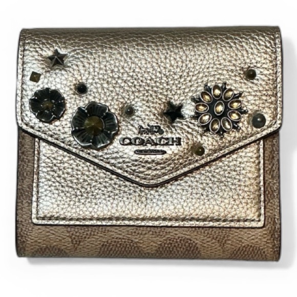 Coach Handbags - Coach Rare Floral Appliqué Studded Flap Trifold Wallet Gold & Brown NWOT